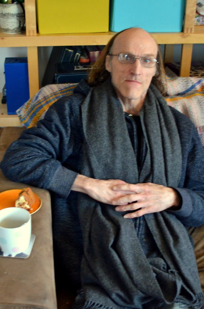 David enjoys a sit down, cuppa and cake.